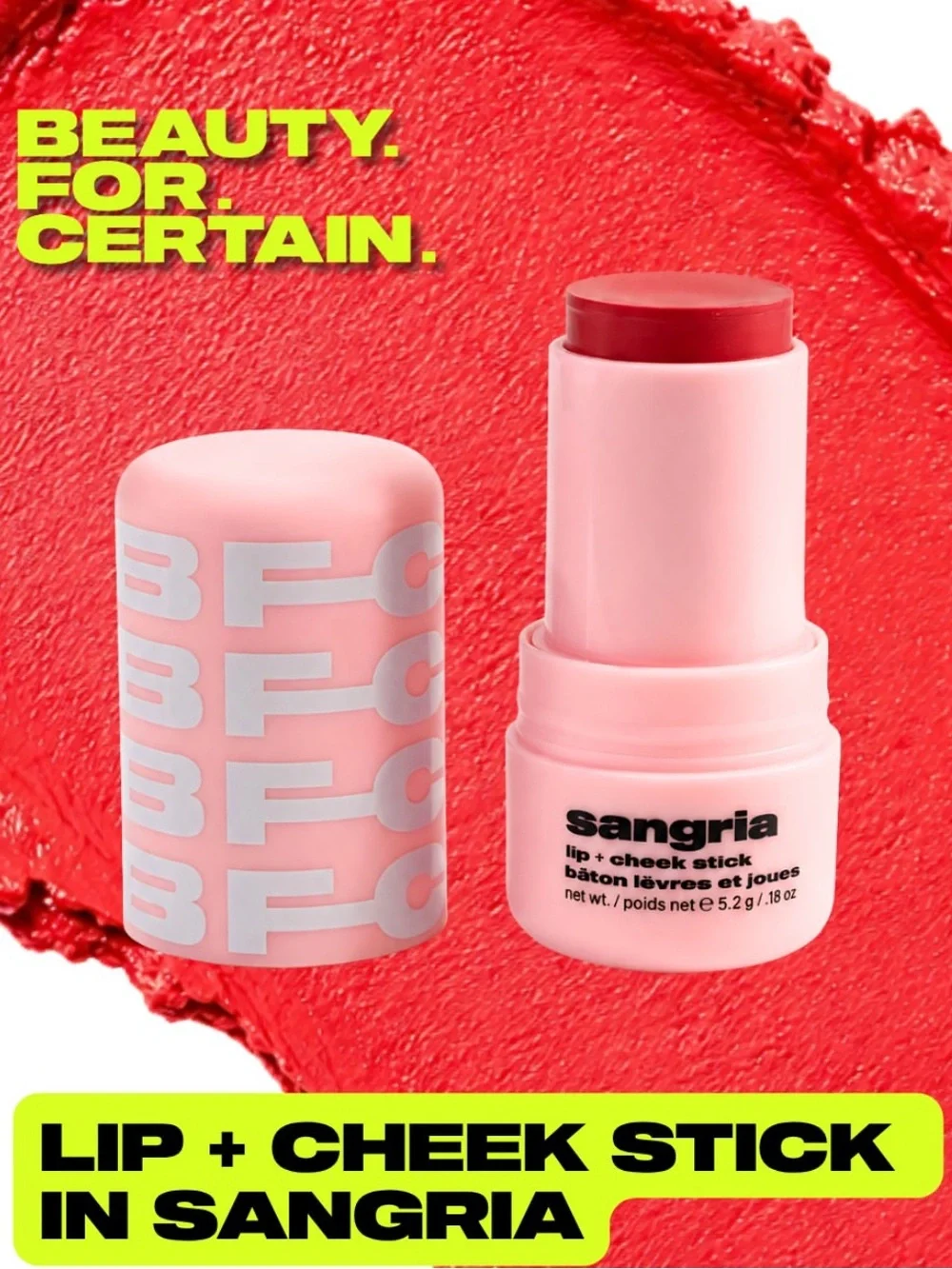 Beauty for Certain Lip & Cheek Blush Stick in Sangria Strawberry Sorbet NWT